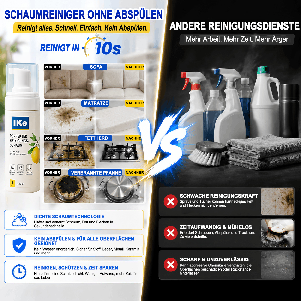 ⚡️LETZTER TAG – 60 % RABATT | Schaumreiniger ohne Abspülen — Aufsprühen, Abwischen & Fertig!