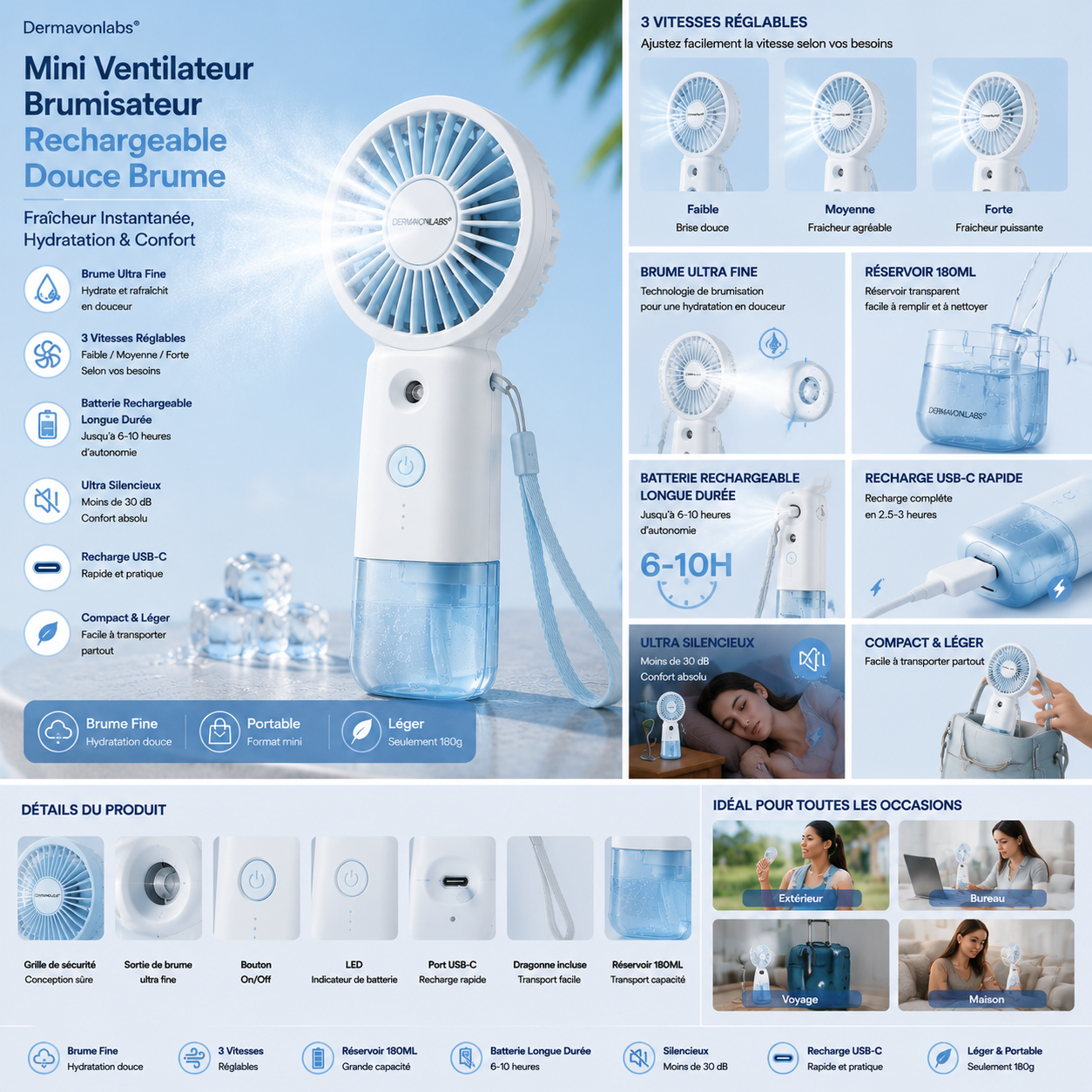 Dermavonlabs® Mini Ventilateur Brumisateur Rechargeable