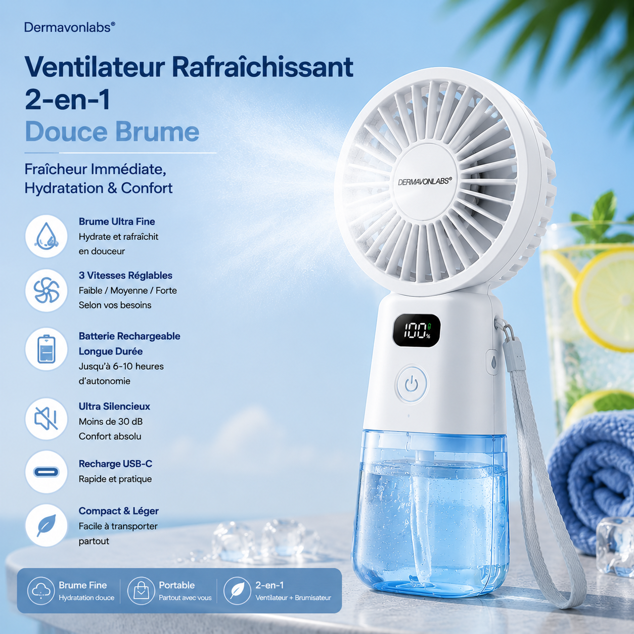 Dermavonlabs® Ventilateur Rafraîchissant 2-en-1