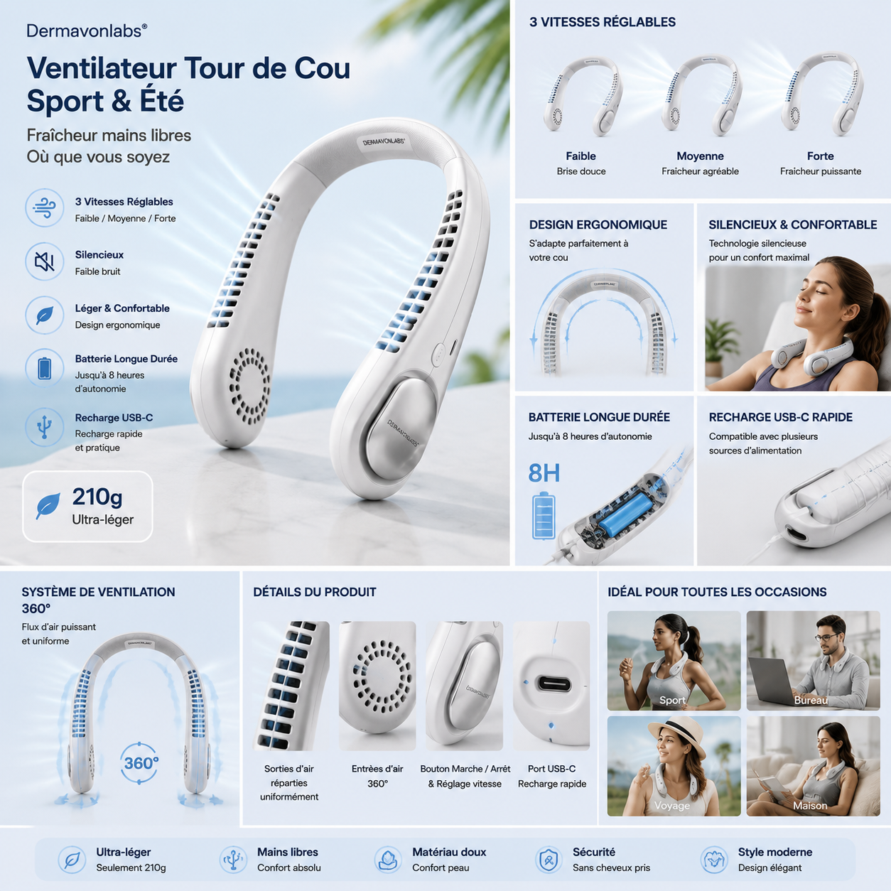 Dermavonlabs® Ventilateur Tour de Cou Sport &amp; Été