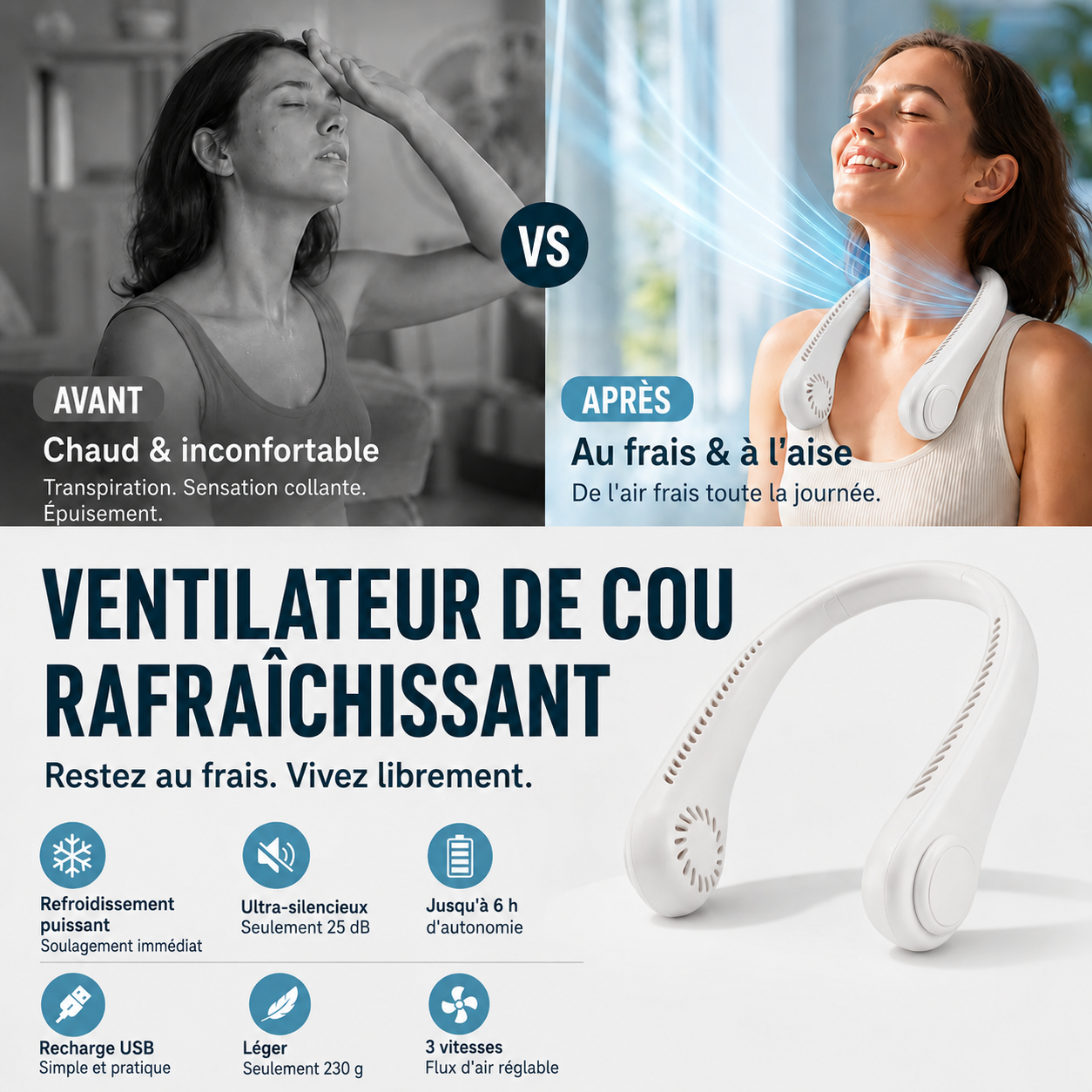 🇫🇷Dernier jour – 15 % de réduction 🔥 🍃 Ventilateur de cou portable sans pales – Refroidissement silencieux à 360° pour l’été, les voyages et les activités en plein air
